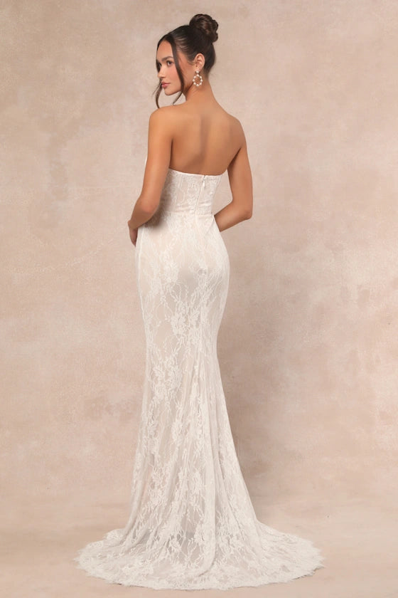 Valeria White Lace Strapless Bustier Maxi Dress