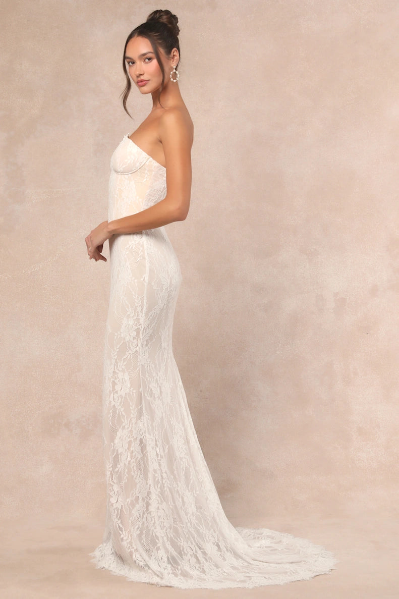 Valeria White Lace Strapless Bustier Maxi Dress