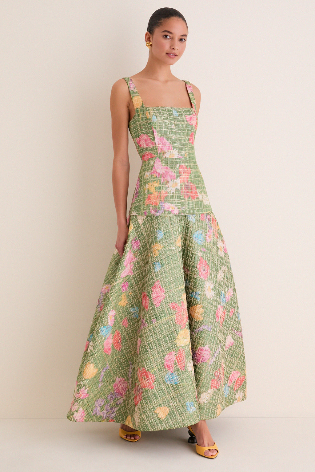 Cactus Multi Floral Raffia Poplin Square Neck Dress