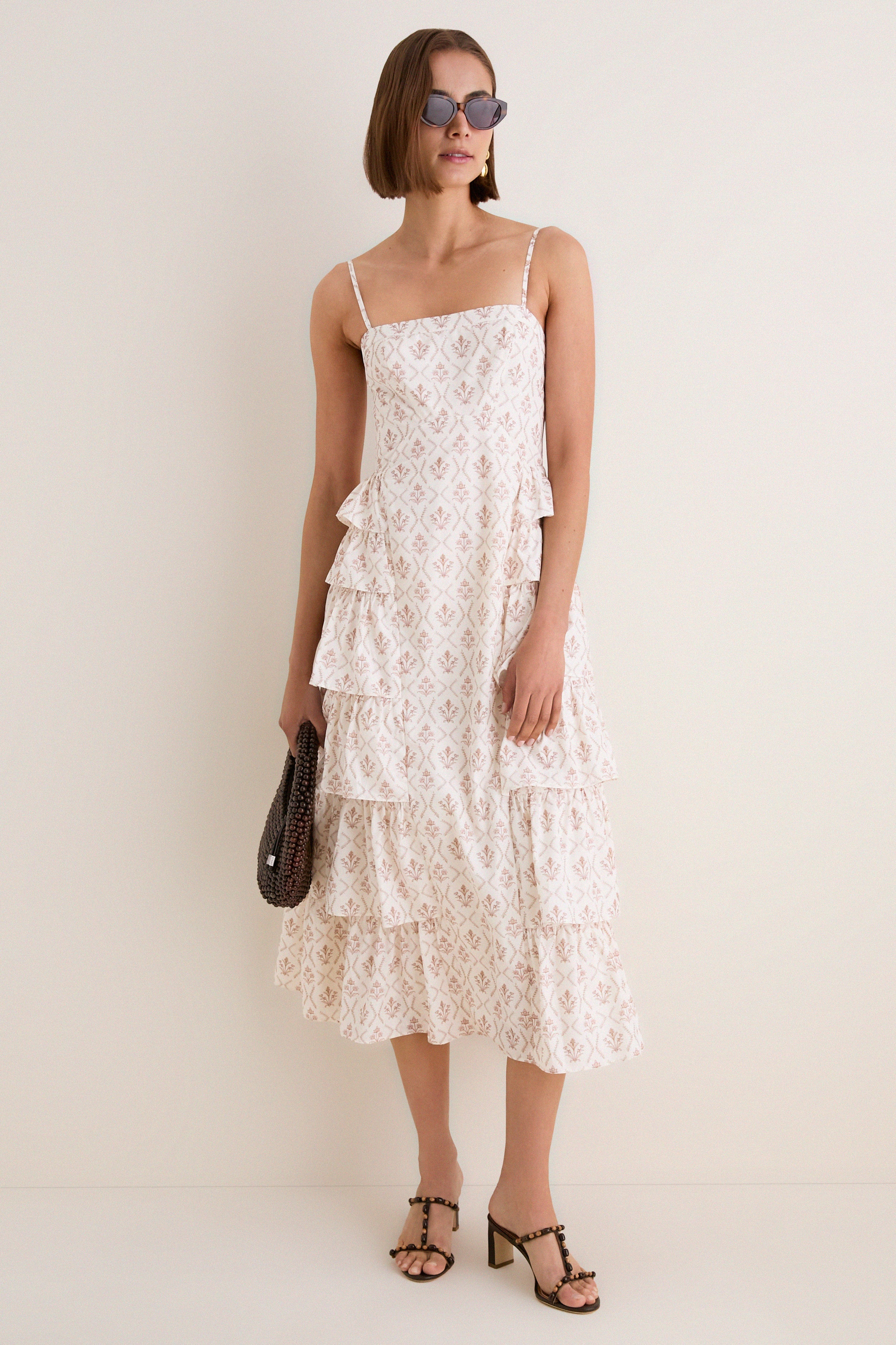 Brown & Cream Floral Ruffle Theodora Maxi Dress