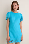 Aqua Linen Embroidered Ruthie Mini Dress