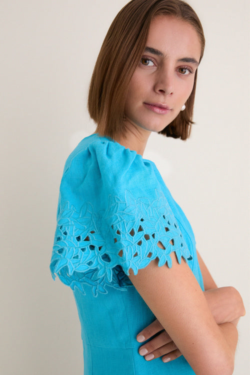 Aqua Linen Embroidered Ruthie Mini Dress
