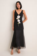 Black and Pink Peony Embroidered V Neck Dress