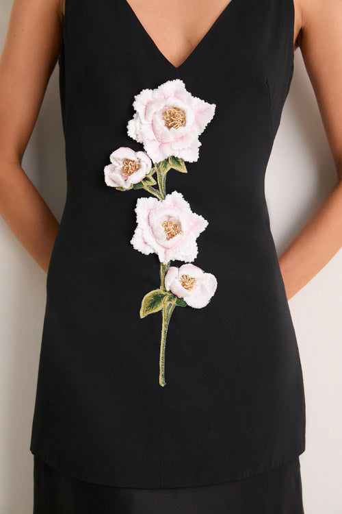 Black and Pink Peony Embroidered V Neck Dress