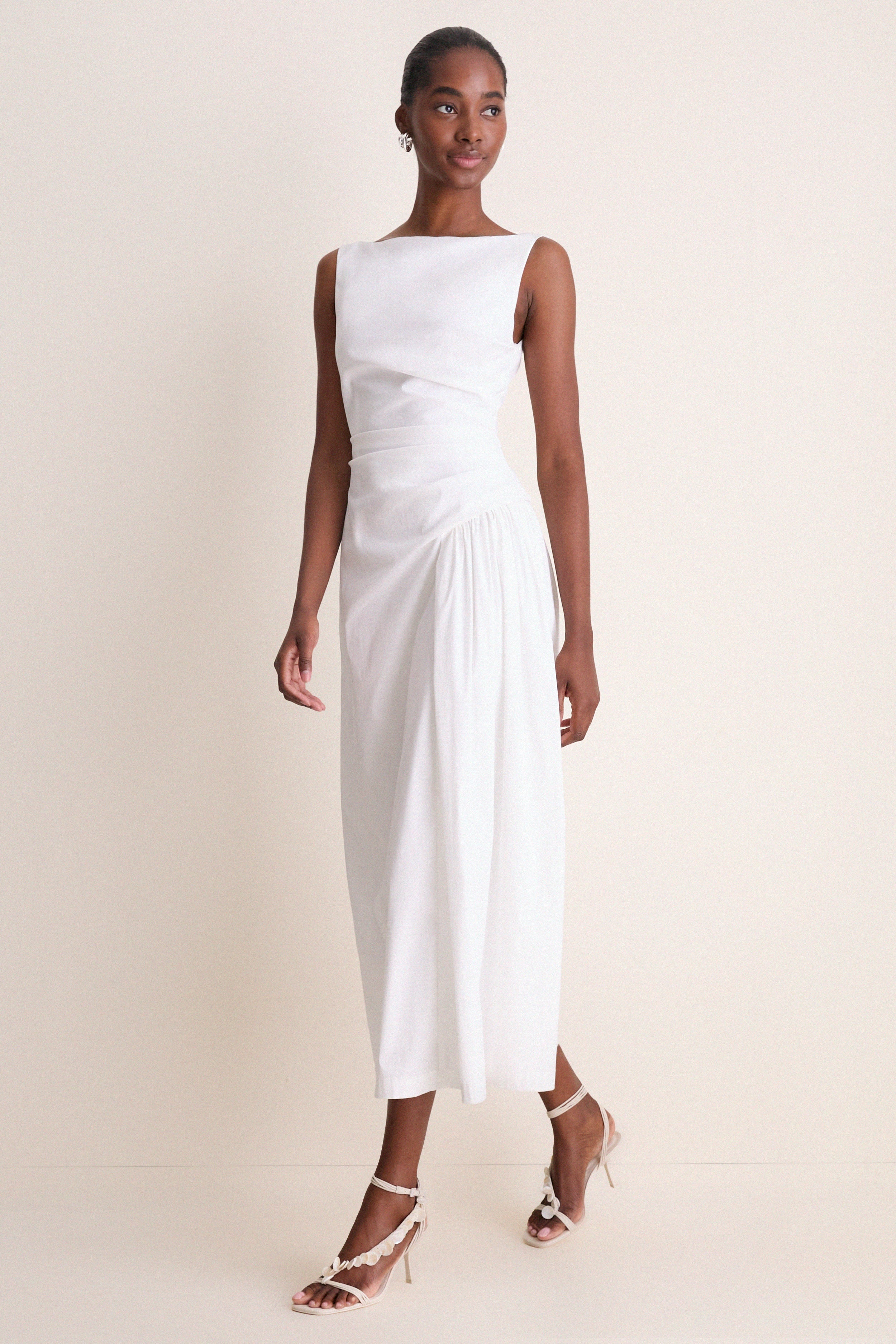 White Cotton Poplin Asymmetrical Flounce Dress
