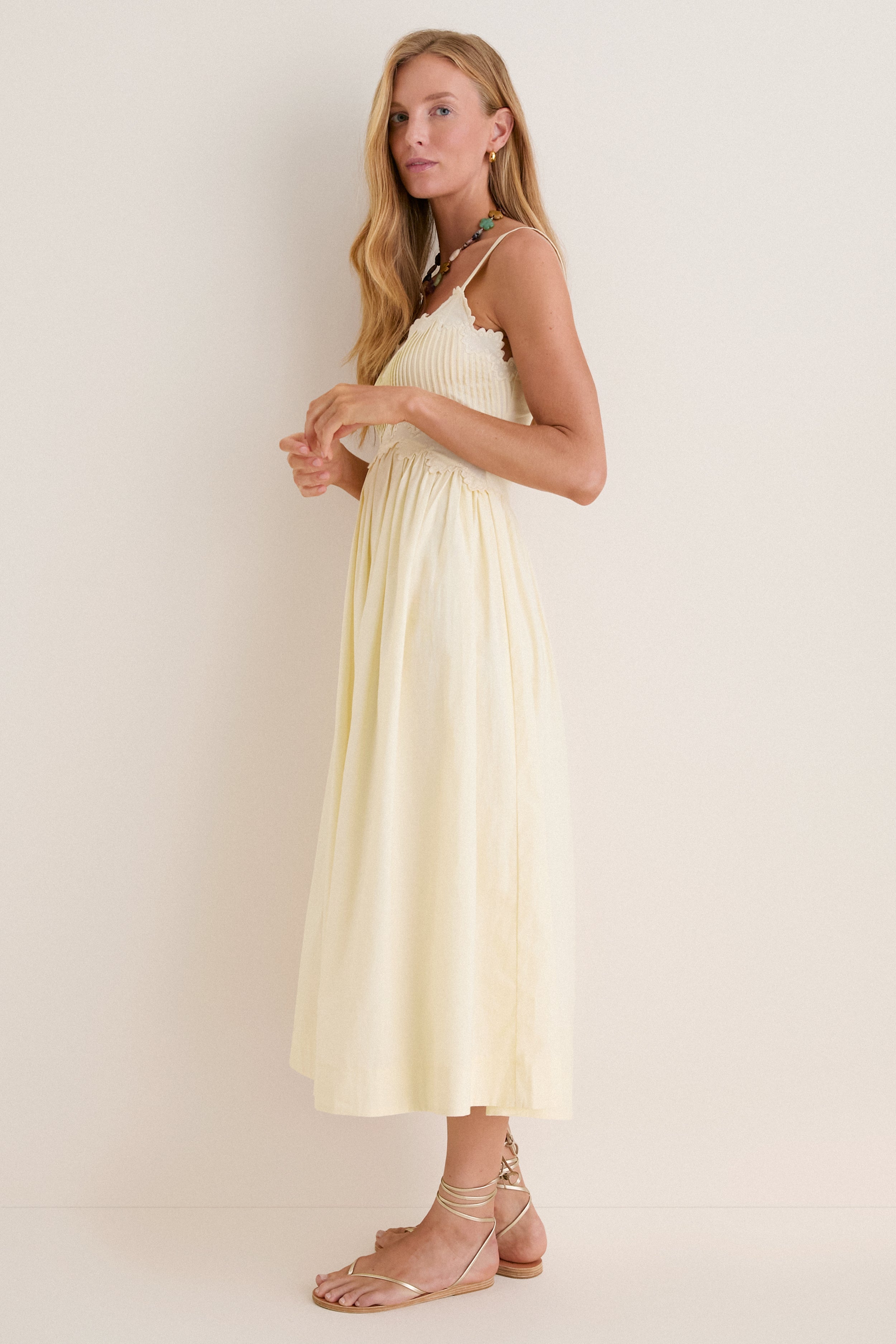 Butter Yellow Embroidered Cotton Midi Dress