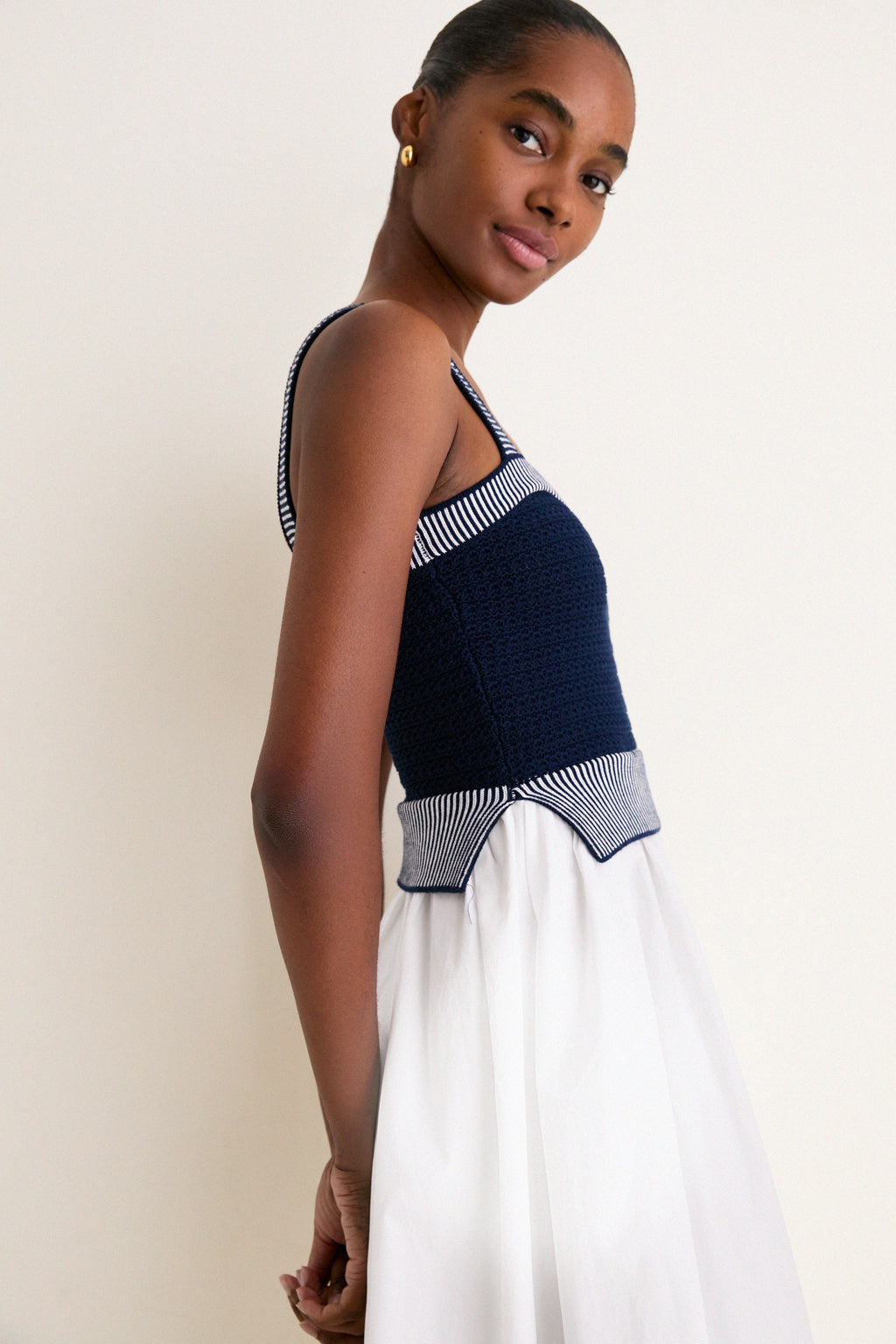 Navy and Off White Knit Top Midi Dress