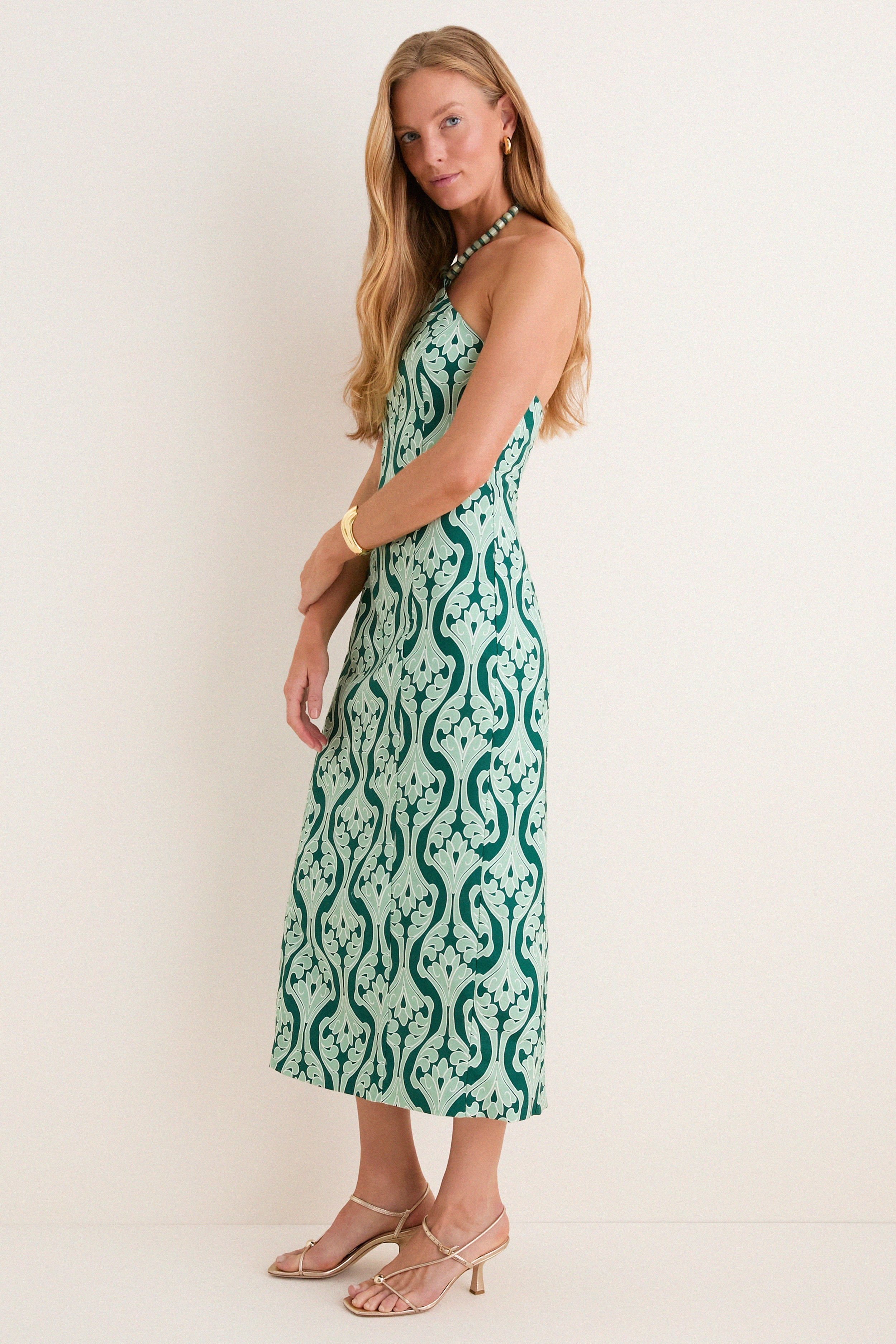 Green Geo Floral Naomi Beaded Halter Dress