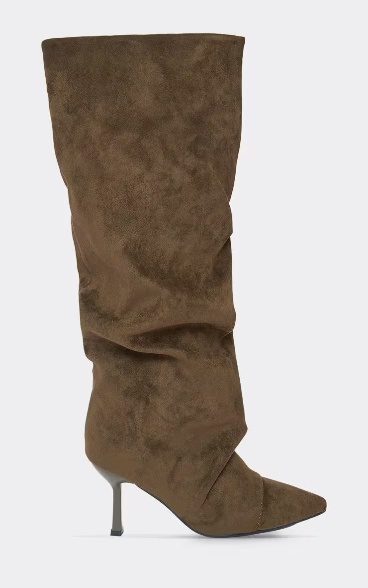 Cave Pointed Toe Slouched Detail Knee High Boot In Beige Faux Suede