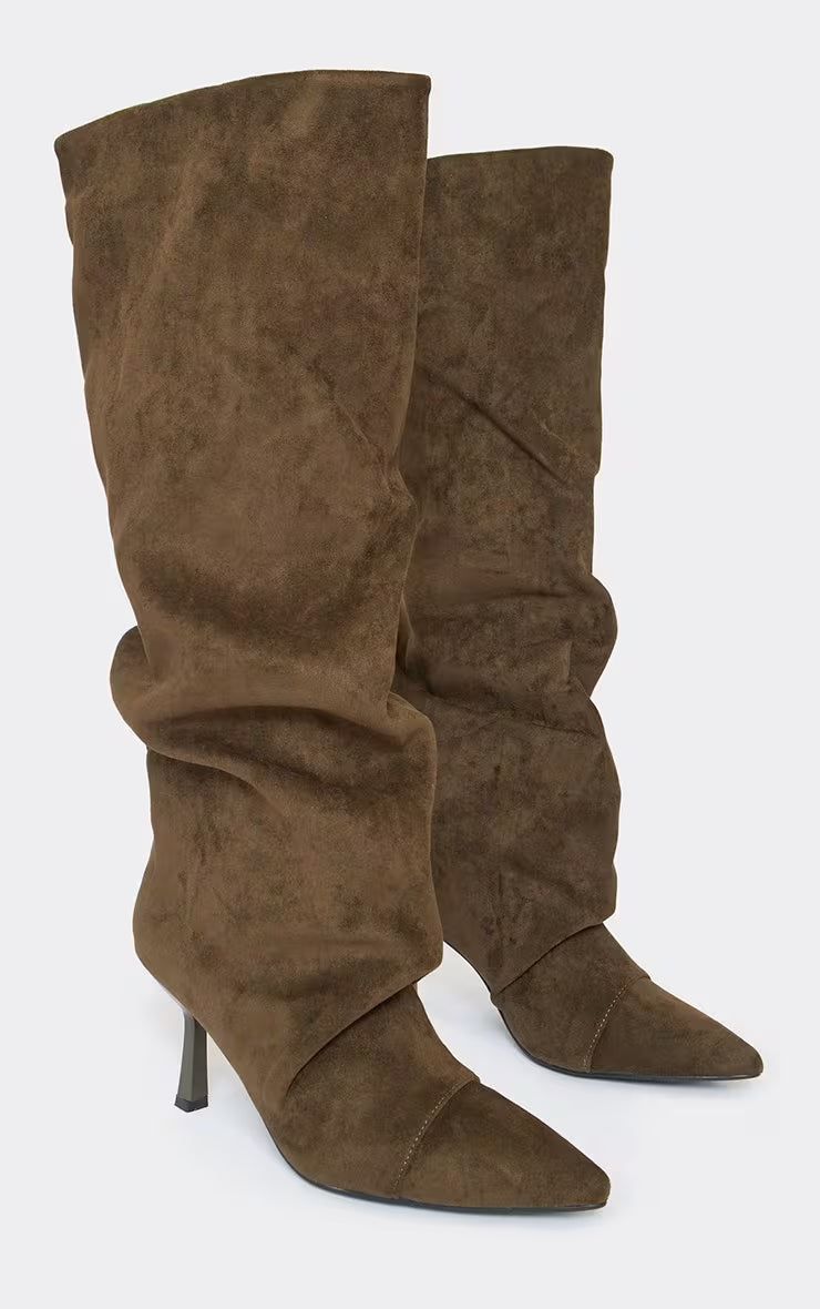 Cave Pointed Toe Slouched Detail Knee High Boot In Beige Faux Suede