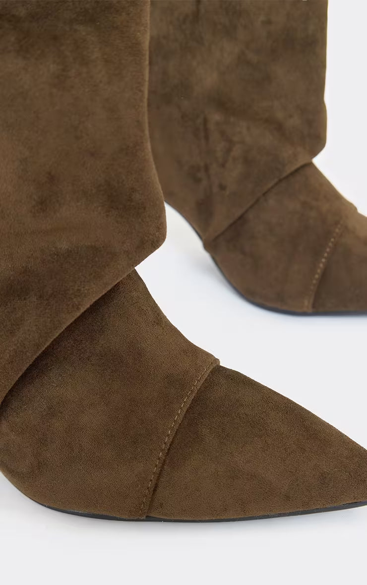 Cave Pointed Toe Slouched Detail Knee High Boot In Beige Faux Suede