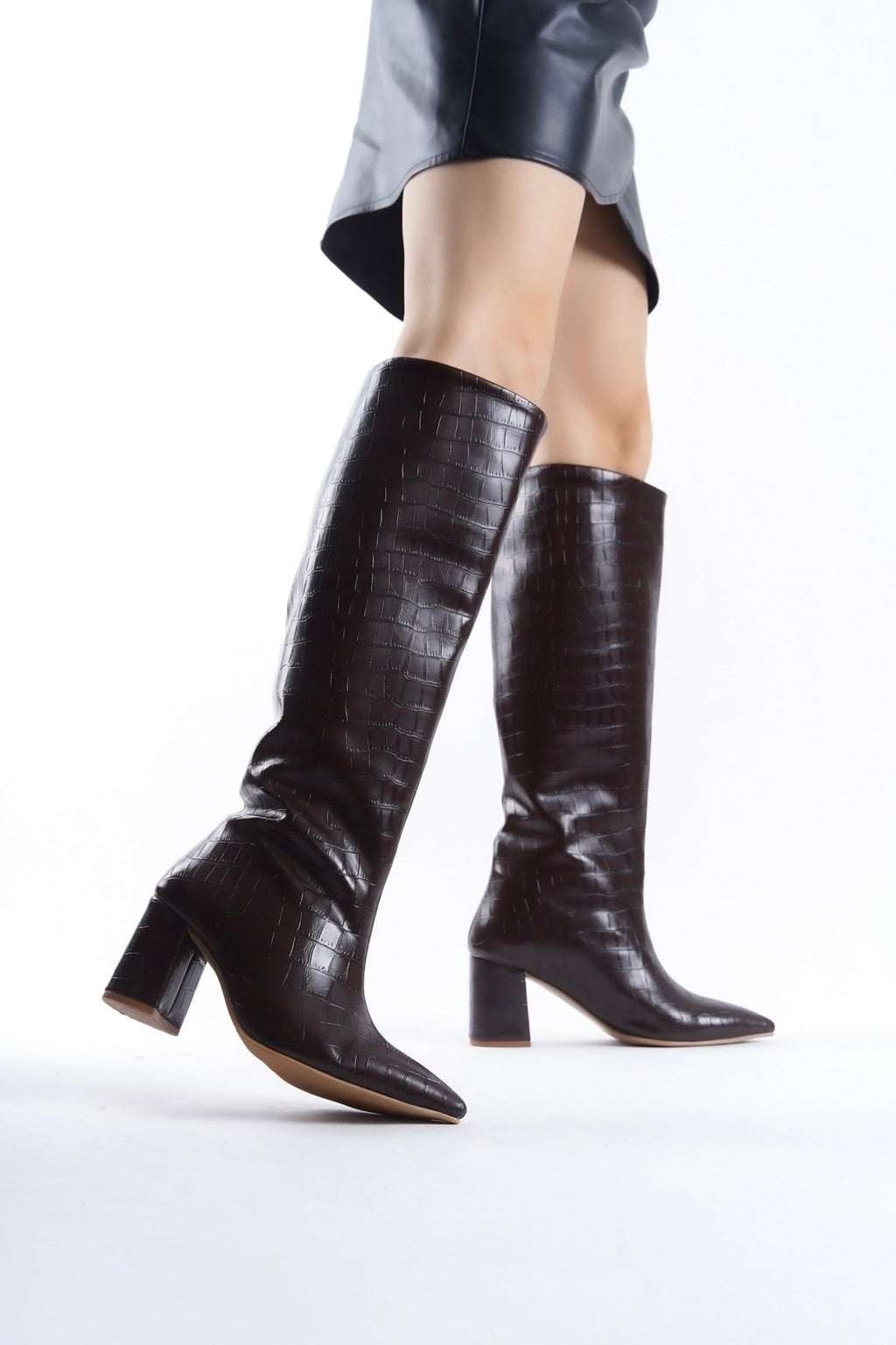 Brown Crocodile Effect Knee Block Heel High Boots