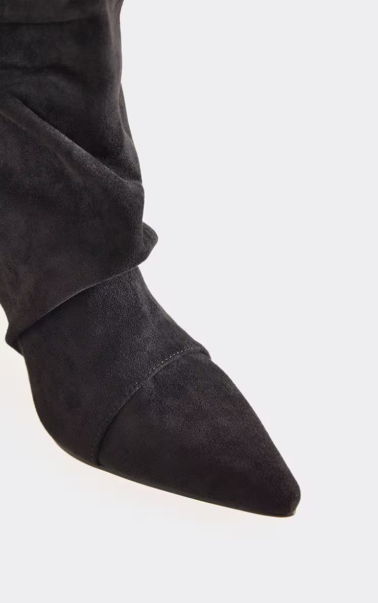 Cave Pointed Toe Slouched Detail Knee High Boot In Beige Faux Suede