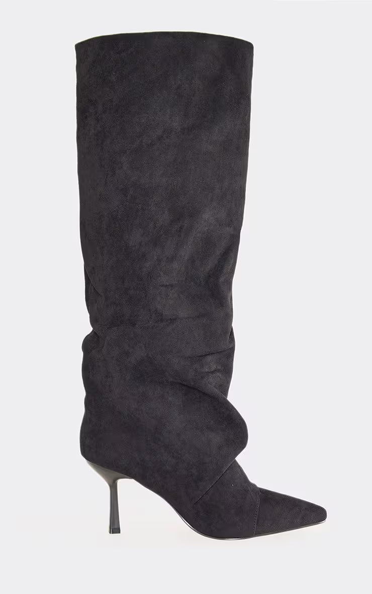 Cave Pointed Toe Slouched Detail Knee High Boot In Beige Faux Suede