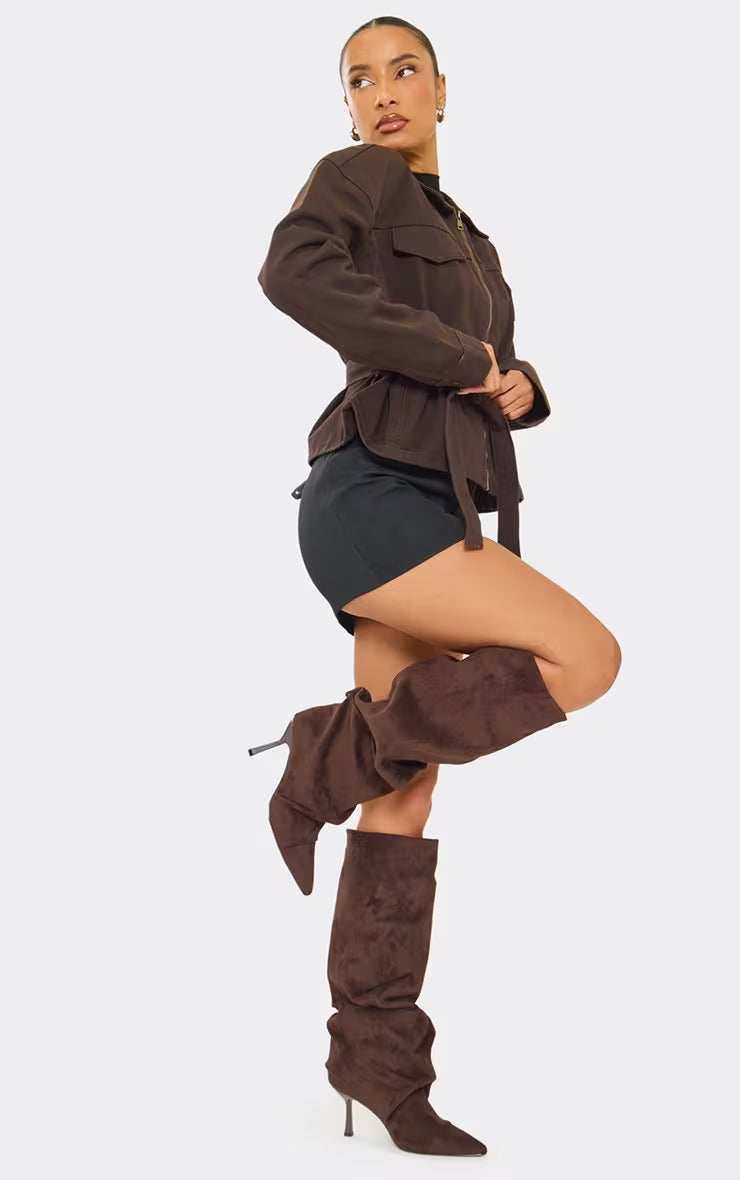 Cave Pointed Toe Slouched Detail Knee High Boot In Beige Faux Suede