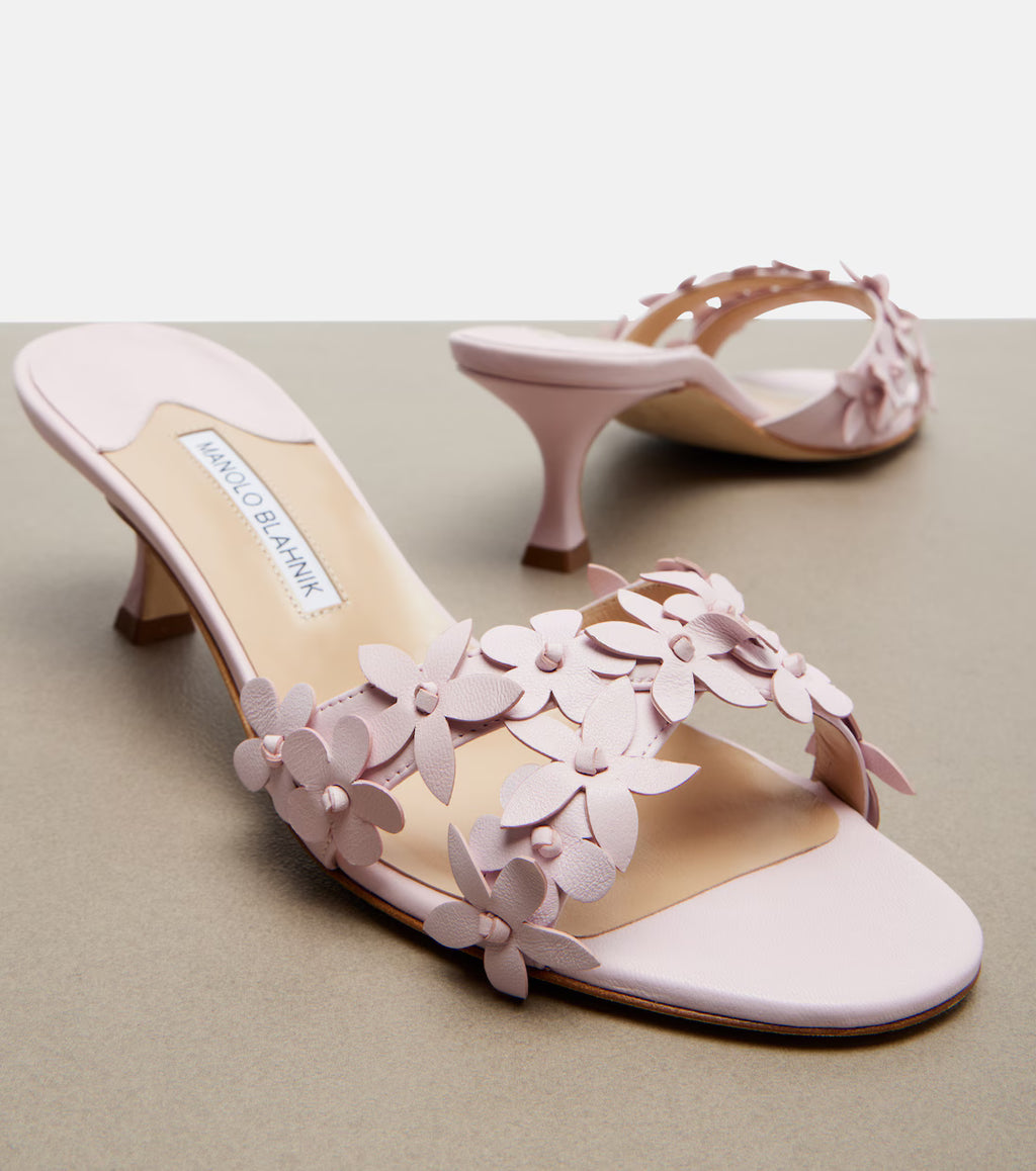 Manolo Blahnik Anista floral-appliqué leather mules in pink