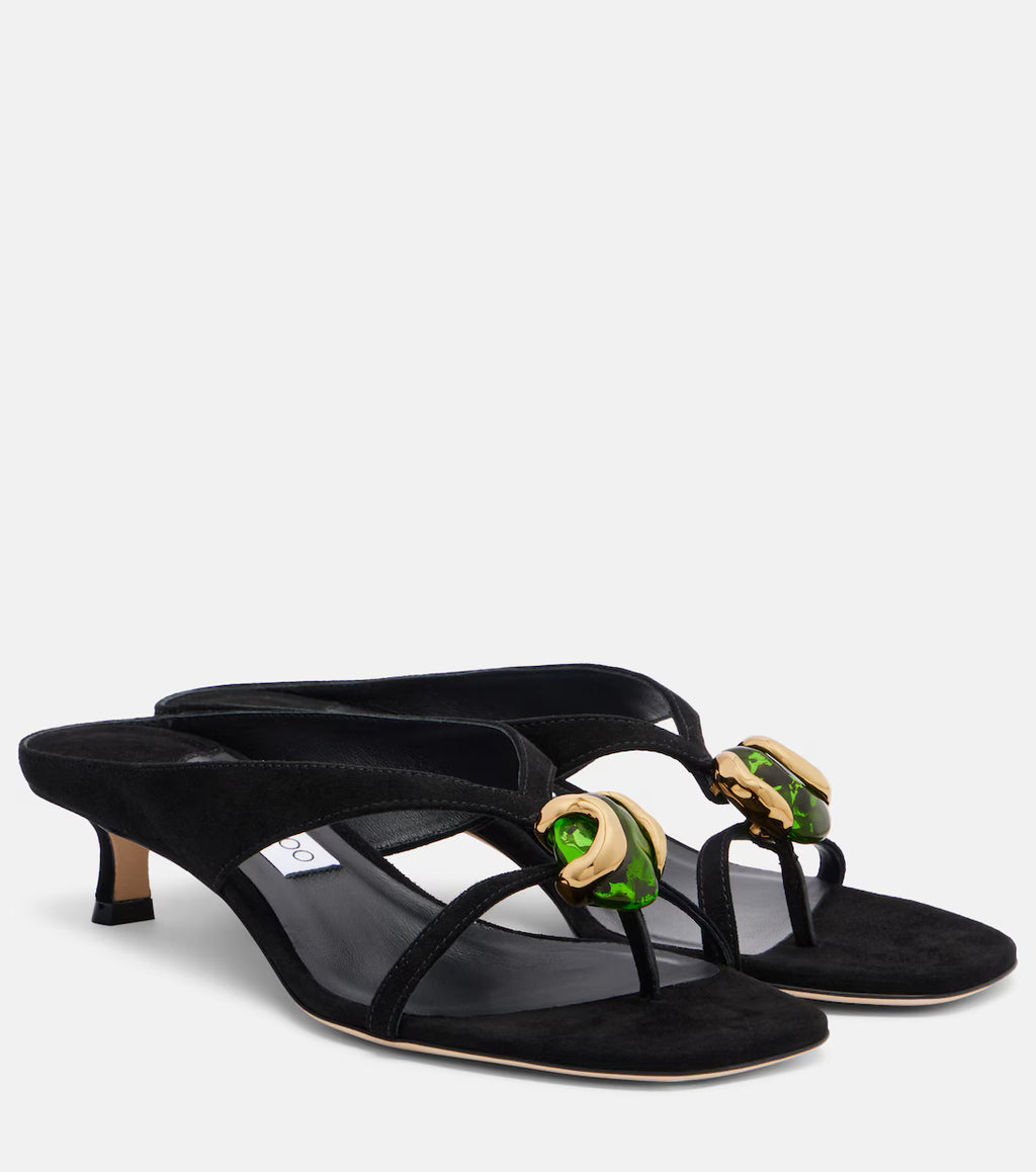 Jimmy Choo Emeri Stone Suede Thong Sandals In Black