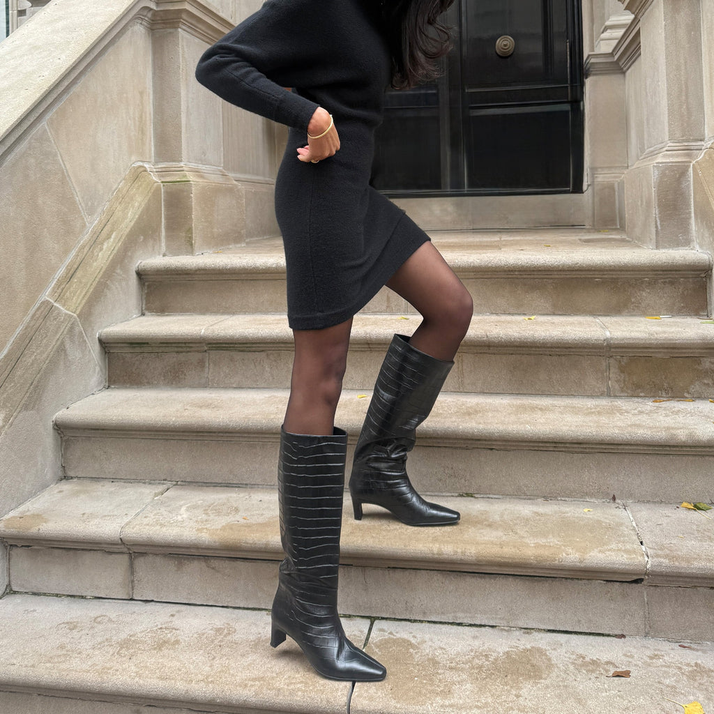 TRIXI BOOTS NOIR CROCO EMBOSSED LEATHER