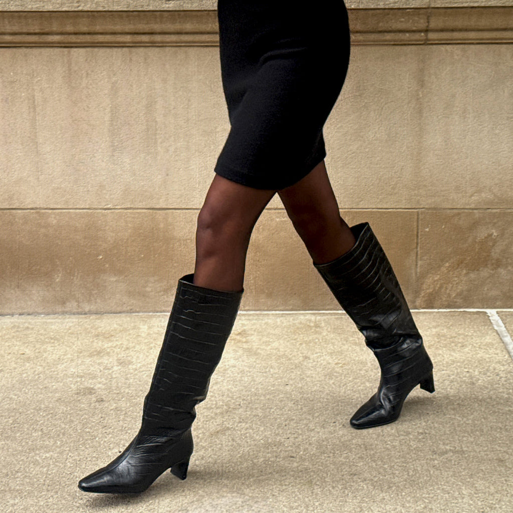 TRIXI BOOTS NOIR CROCO EMBOSSED LEATHER