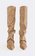Cave Pointed Toe Slouched Detail Knee High Boot In Beige Faux Suede