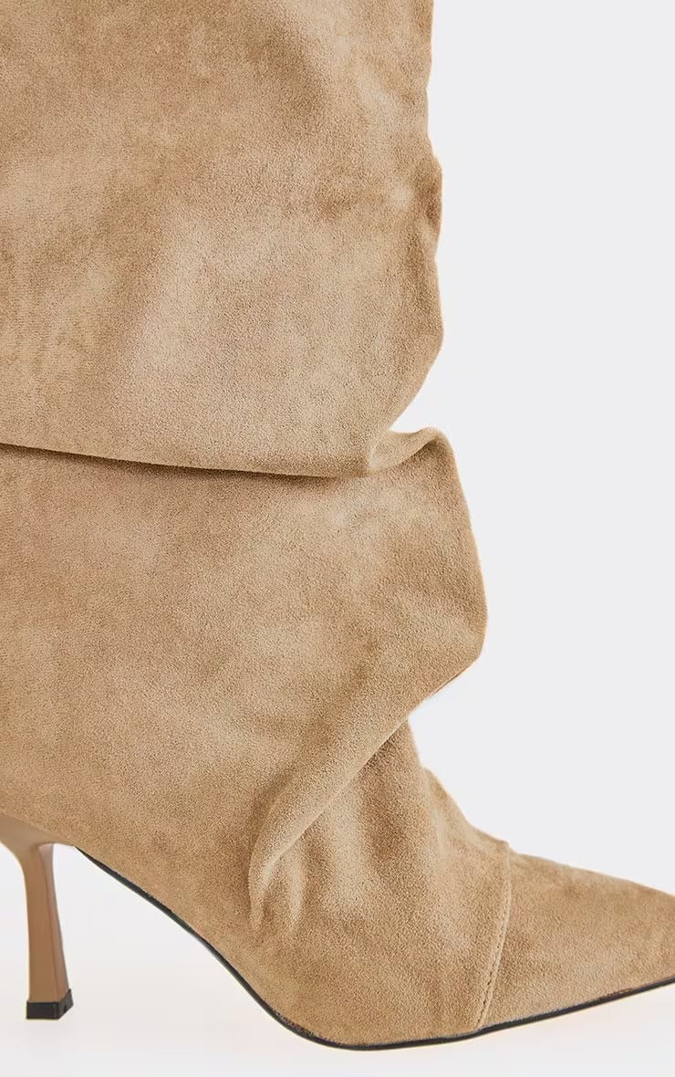 Cave Pointed Toe Slouched Detail Knee High Boot In Beige Faux Suede